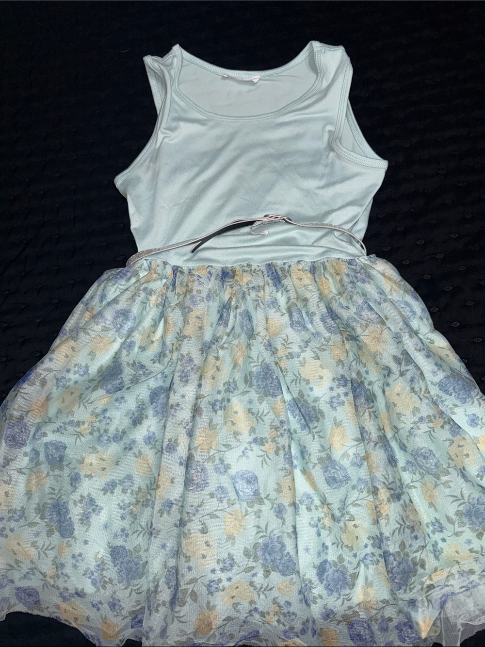 Beautees Light Blue Floral Tulle Dress with Slim Belt